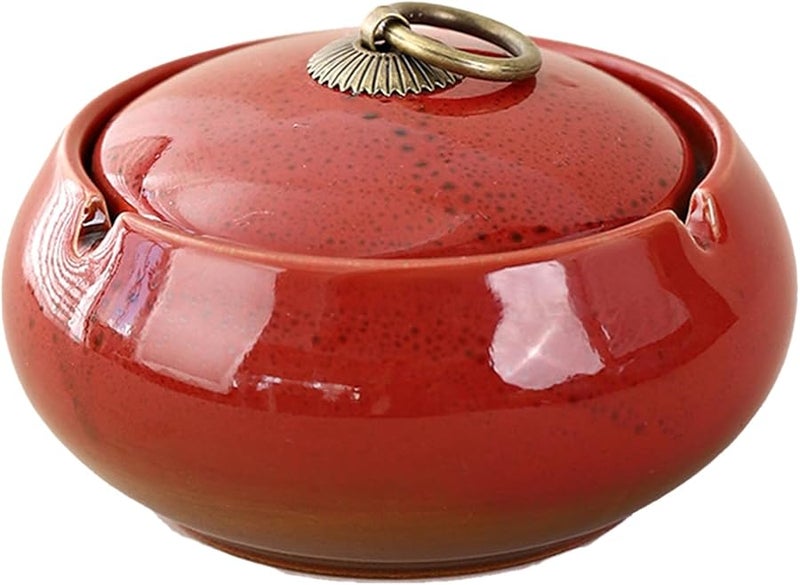 Red Ceramic Windproof Ashtray With Lid Portable Ash Holder For Indoor Outdoor Use - Image 1